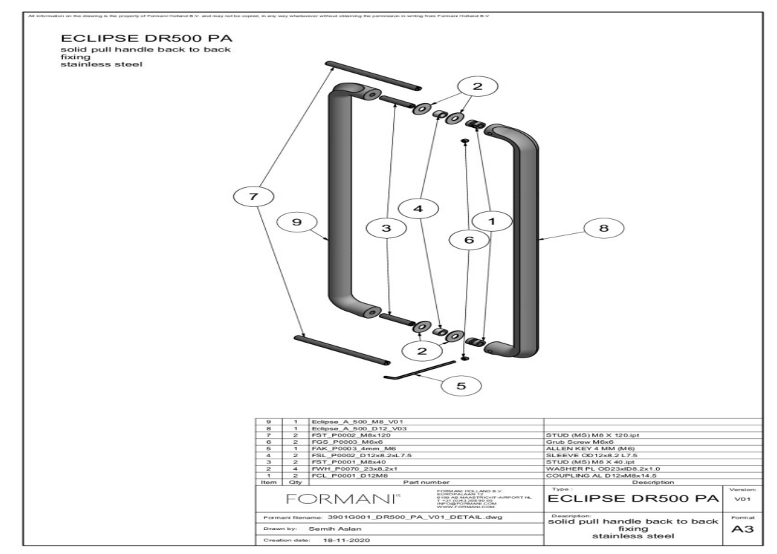 Formani DR500 PA voordeurgreep PVD mat goud, detail