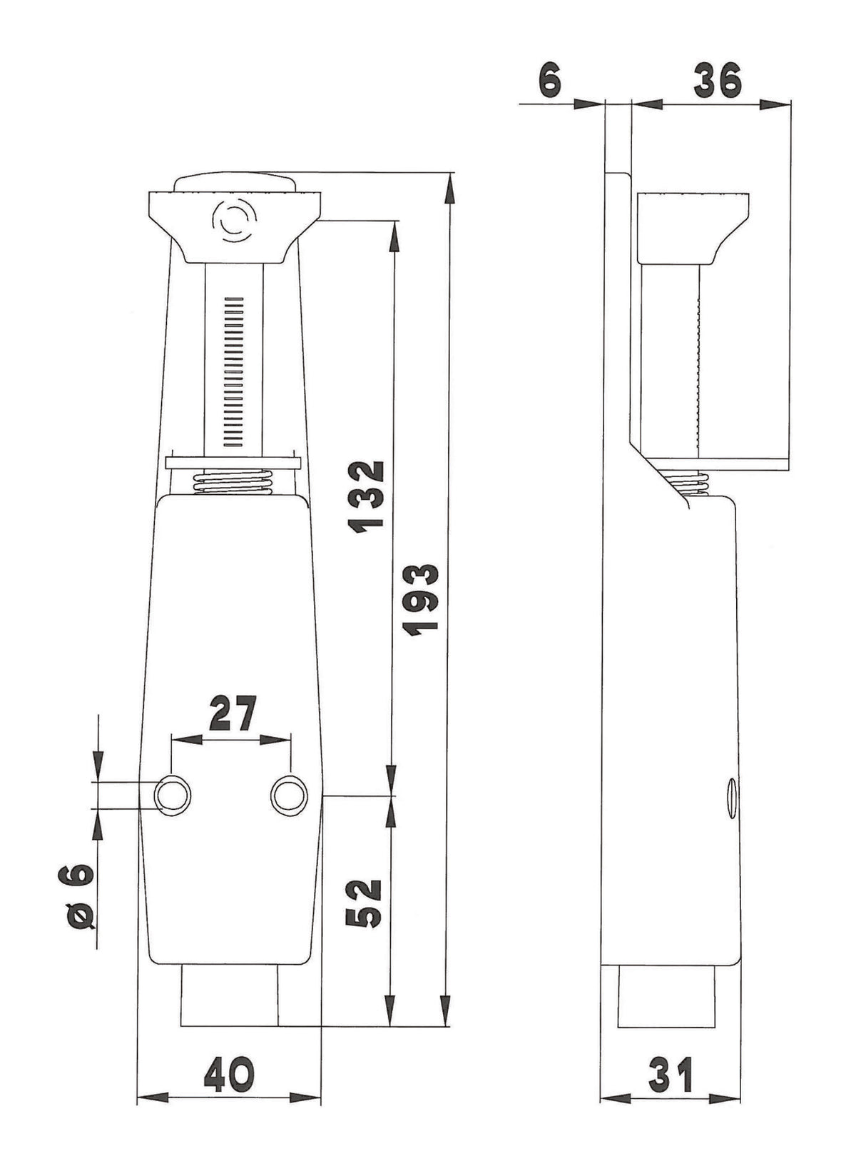 Dulimex DX deurvastzetter voetstift Luxe 40x193 mm zilver – technische tekening met maatvoering en 30 mm schootuitslag