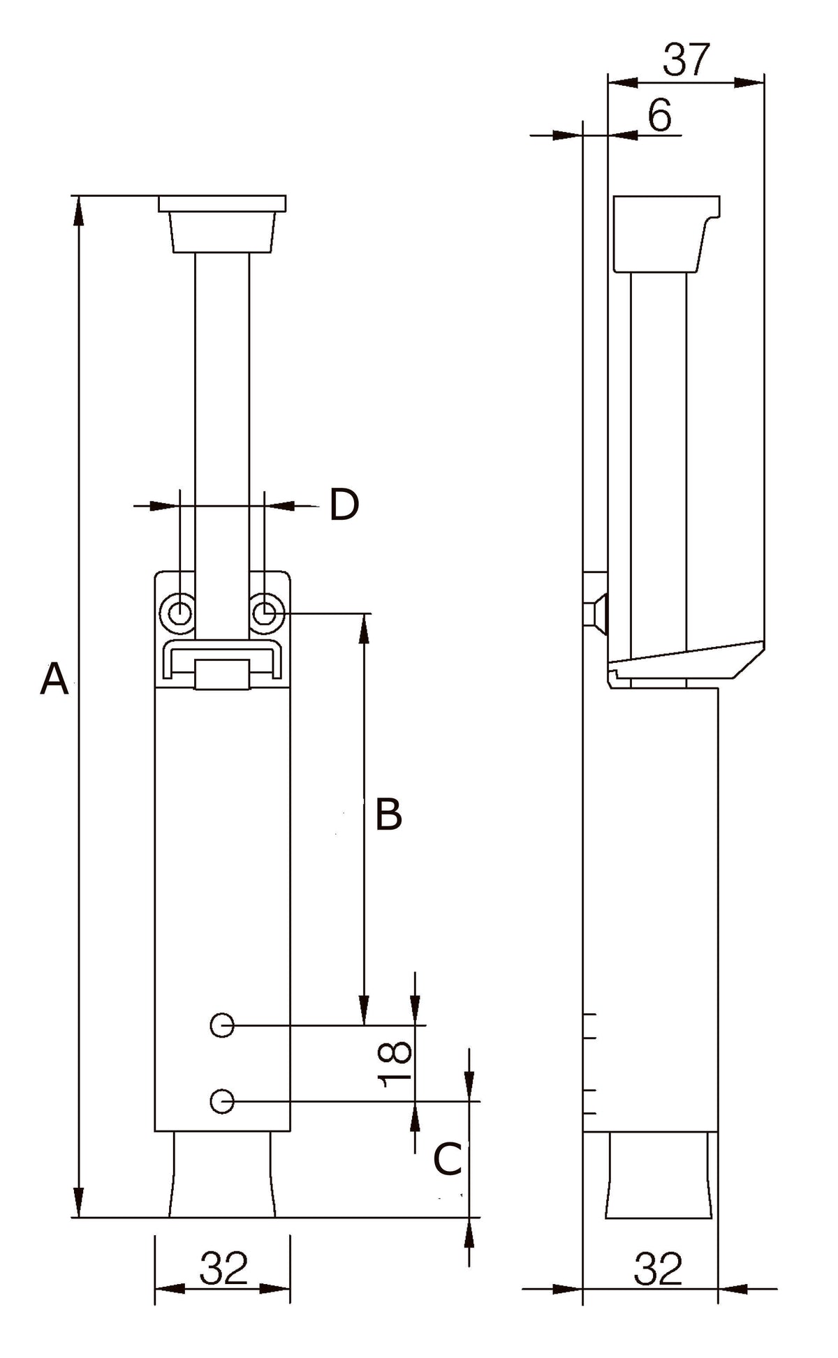 Dulimex DX deurvastzetter voetstift Luxe 32x207 mm F1 aluminium – technische tekening met maatvoering en 60 mm schootuitslag