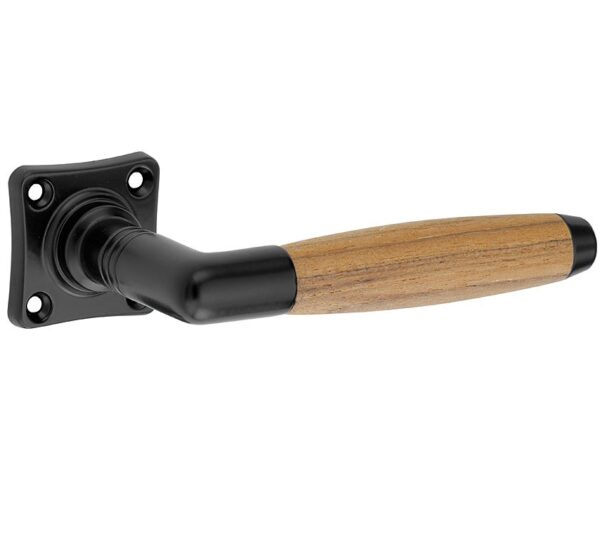Artitec Ton Teak deurkruk op vierkant rozet mat zwart met teakhout – vooraanzicht