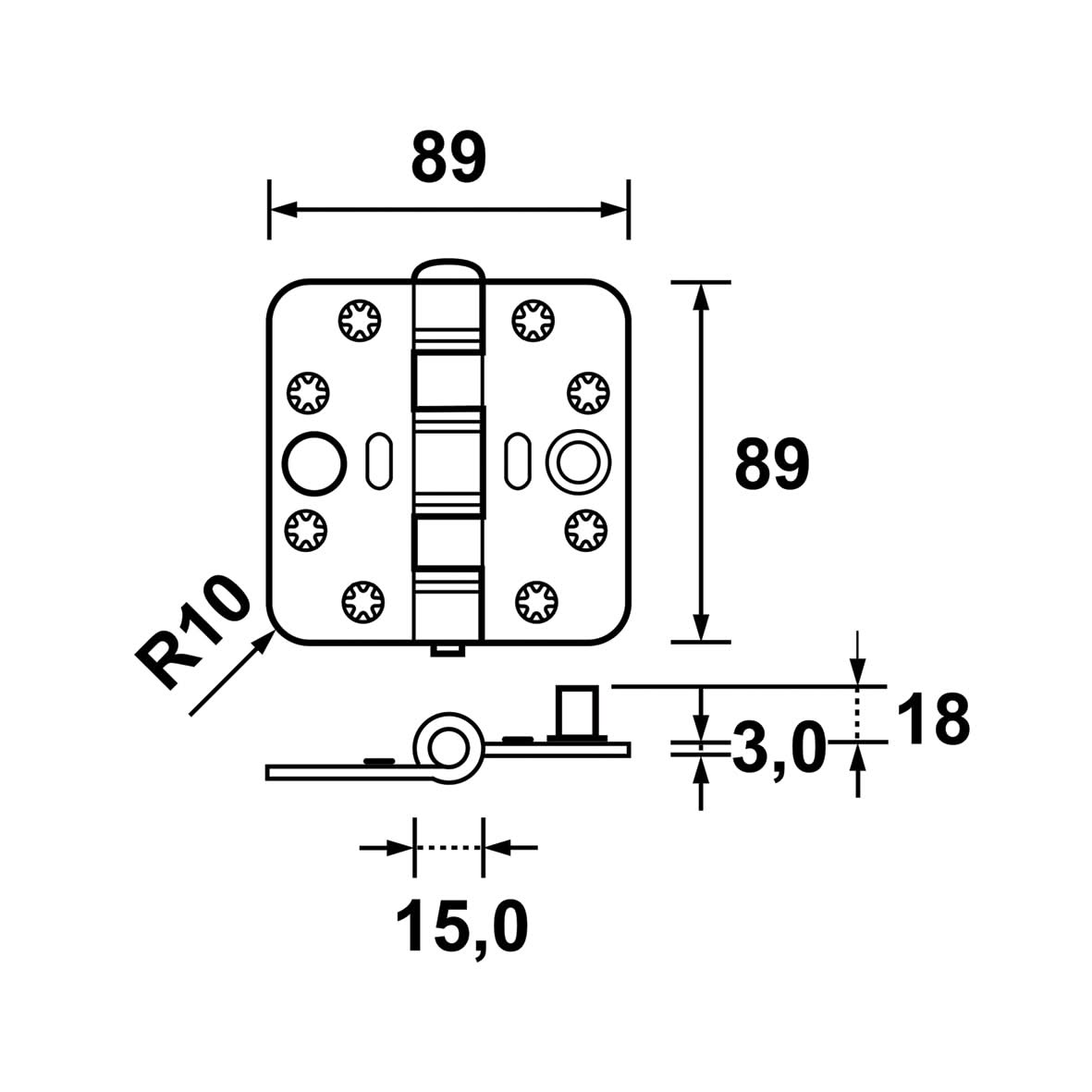 AXA veiligheidsscharnier Smart Easyfix 89x89x3 mm - lijntekening met maatvoering