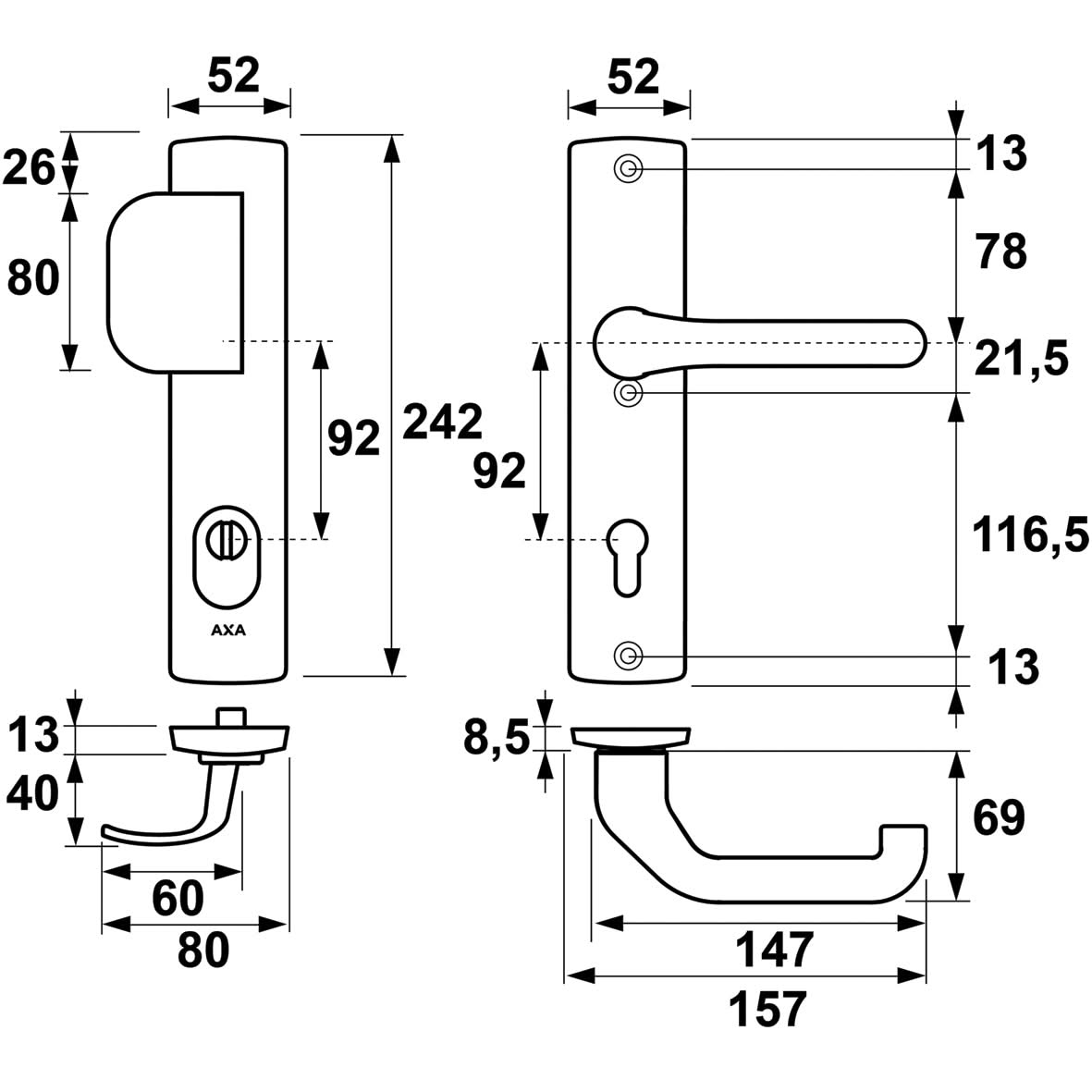 AXA Premium veiligheidsbeslag D-duwer kruk Flow PC72 aluminium zilver detail