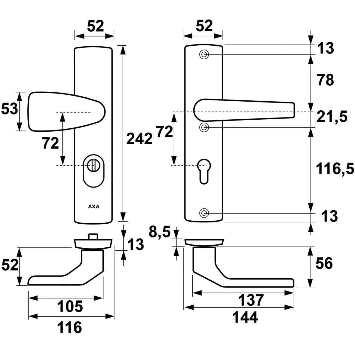 AXA Premium veiligheidsbeslag Wing-knop kruk Arrow PC72 aluminium zilver detail