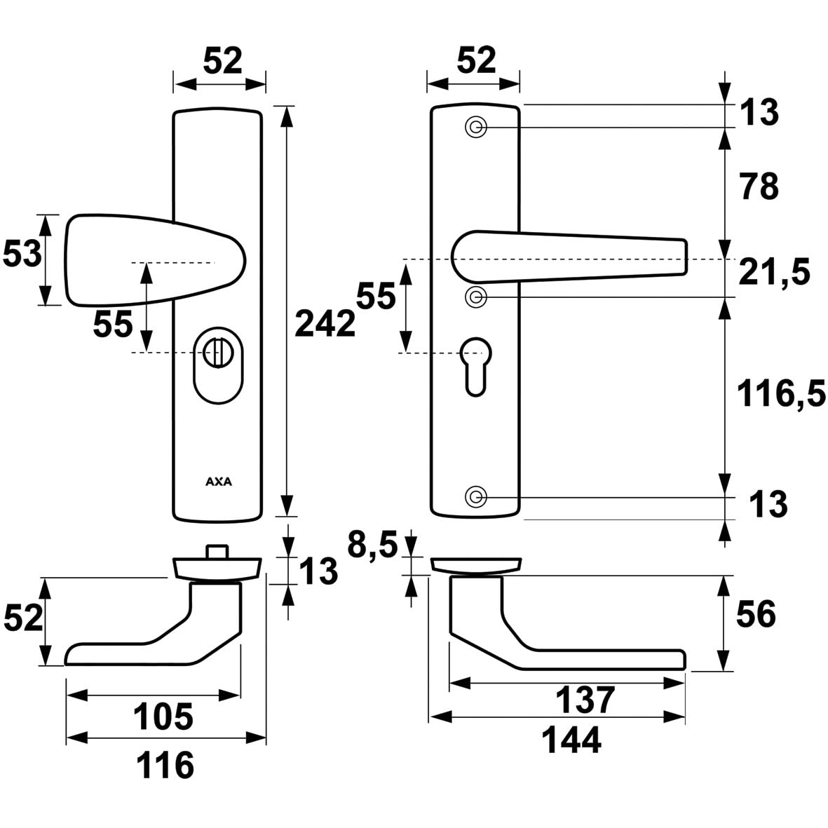 AXA Premium veiligheidsbeslag Wing-knop kruk Arrow PC55 aluminium zilver detail
