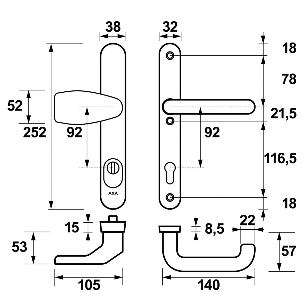 AXA Oval Plus veiligheidsbeslag Wing-knop PC92 aluminium zwart detail