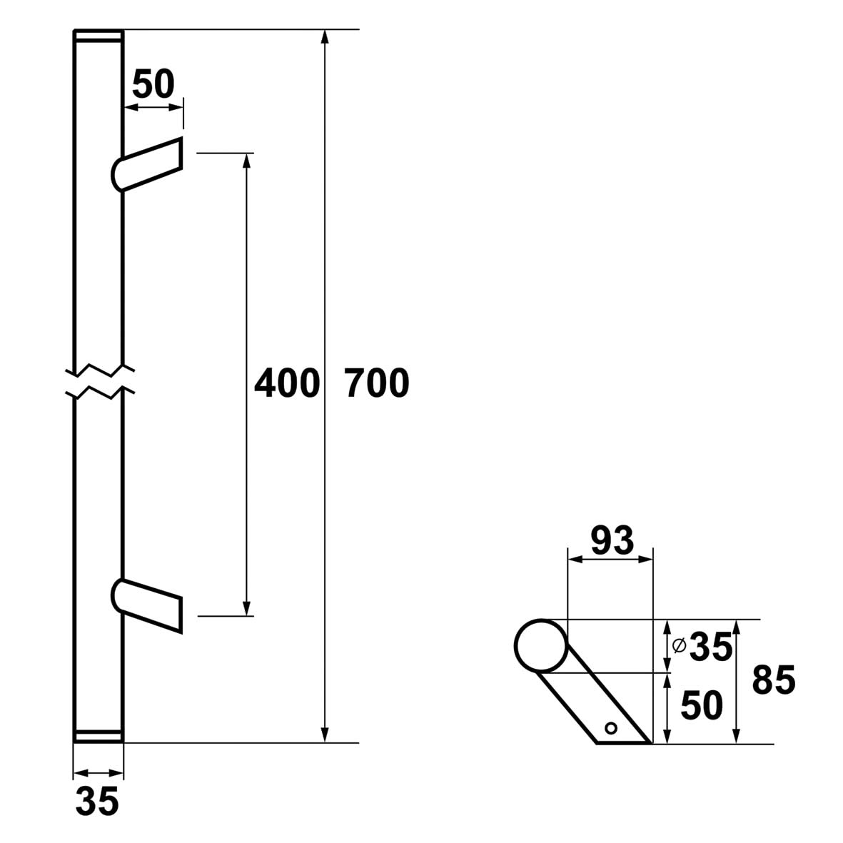 AXA Deurgreep Montreal schuin 700 mm aluminium naturel – detailopname 2