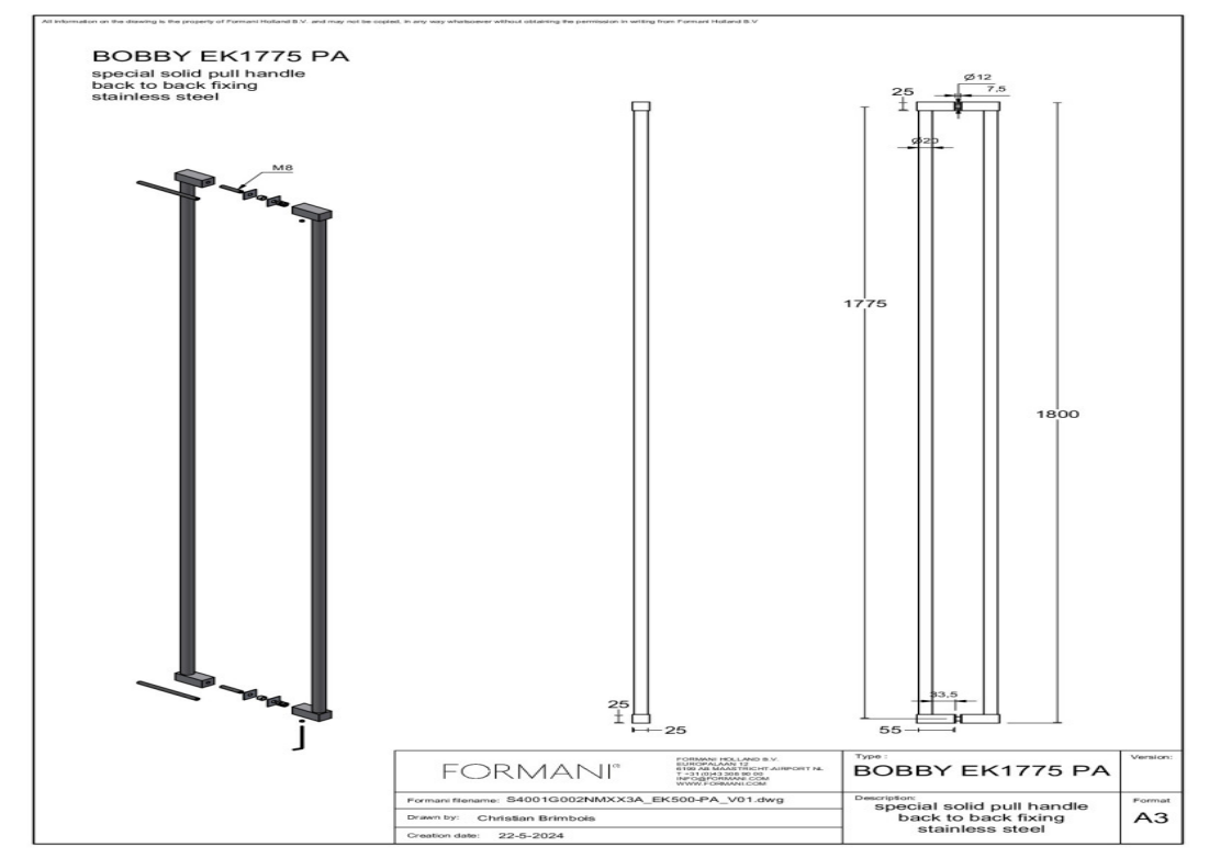 FORMANI EK500 PA set voordeurgrepen mat roestvast staal – detailfoto
