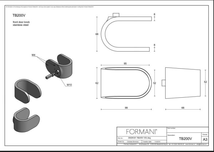 Formani voordeurknop TB200V vast op rozet in RVS – detail