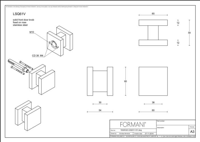 Formani voordeurknop LSQ61V vast op rozet in RVS – detail