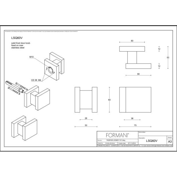 Formani voordeurknop LSQ60V vast op rozet in mat zwart – detail