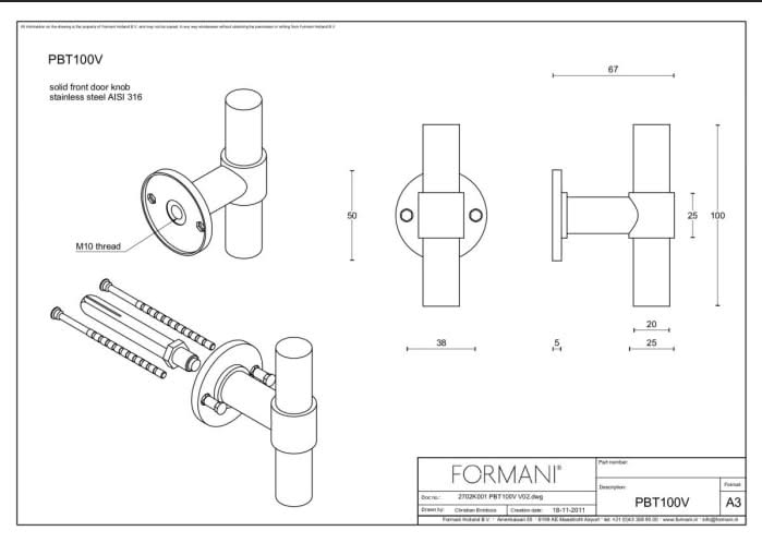 Formani PBT100V voordeurknop PVD licht brons vast op rozet, productafbeelding