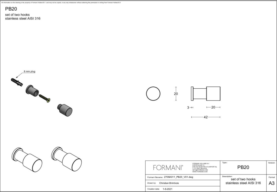 FORMANI ONE PB20 set van 2 haken PVD champagne – detail