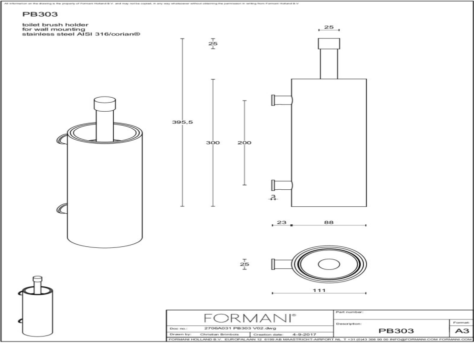 Formani ONE PB303 toiletborstel met muurbevestiging mat roestvast staal en witte Corian houder detail