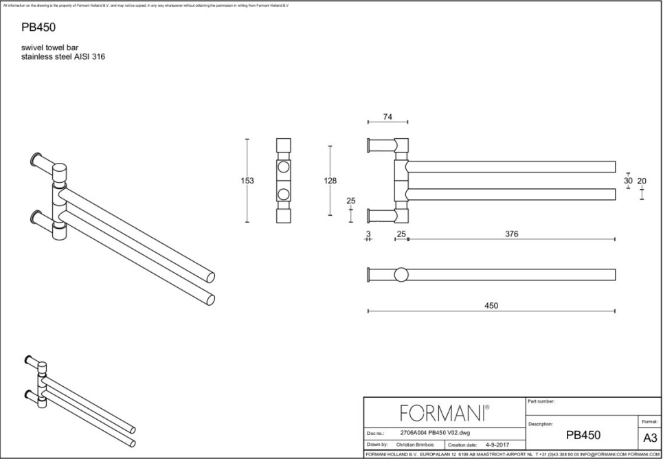 FORMANI ONE PB450 draaibare handdoekstang mat roestvast staal – detail