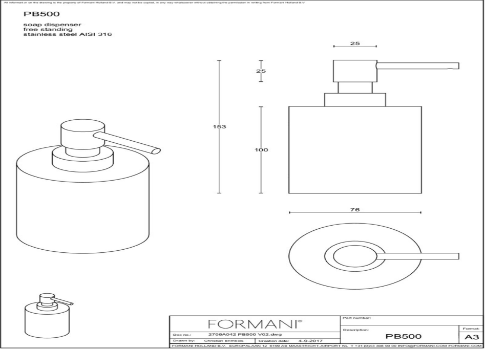 Formani ONE PB500 vrijstaande zeepdispenser PVD champagne detail