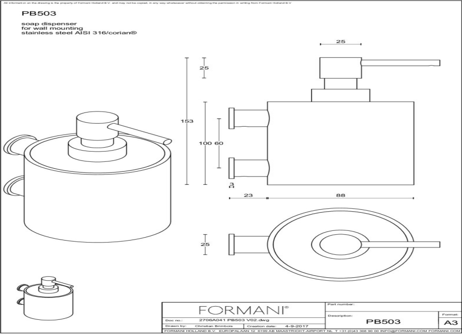 FORMANI ONE PB503 zeepdispenser mat roestvast staal, wit en Corian – detail