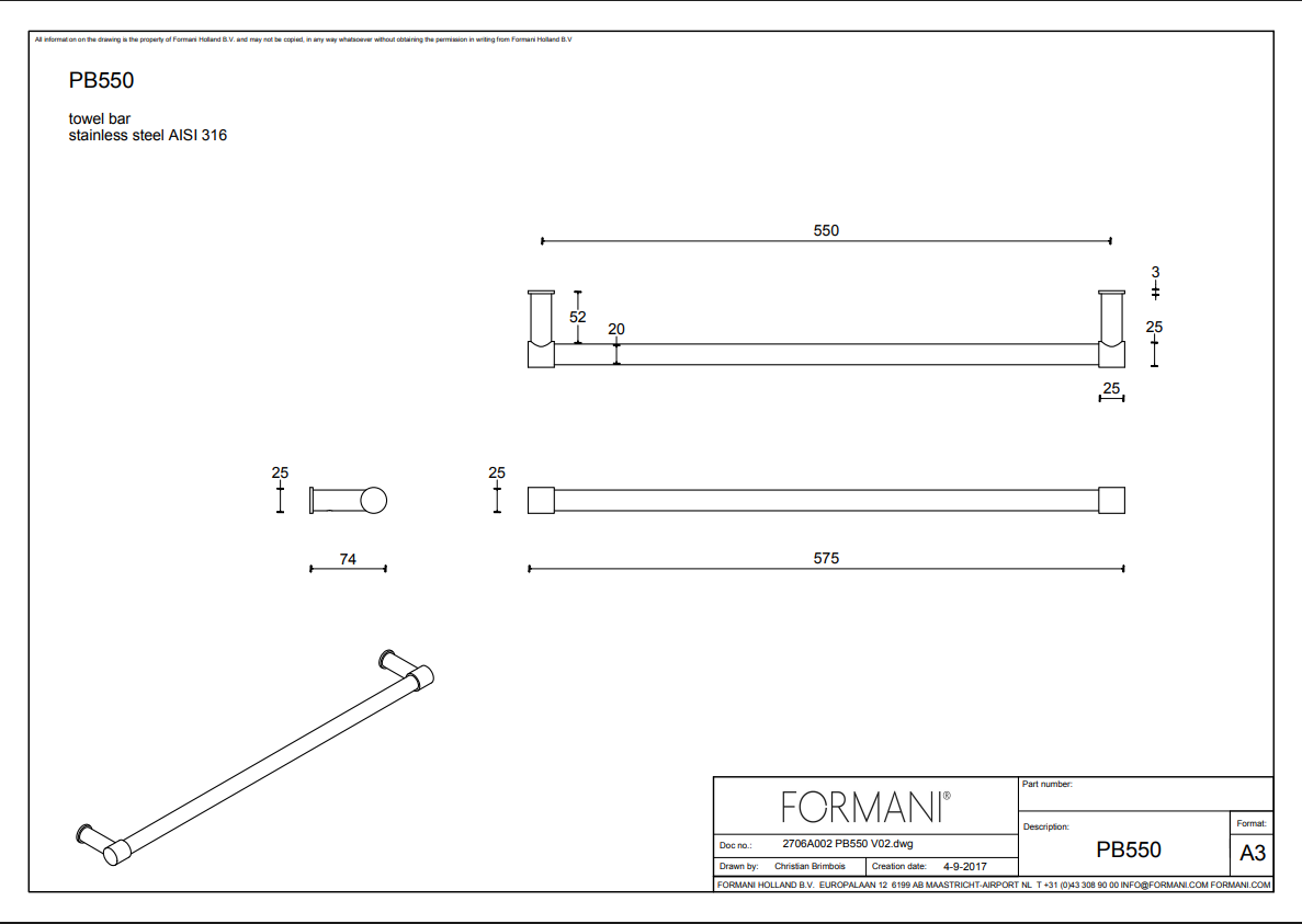 Formani ONE PB550 handdoekstang enkel mat roestvast staal - detail