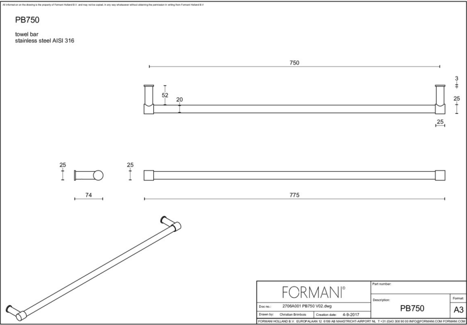 FORMANI ONE PB750 handdoekstang enkel mat zwart – detail