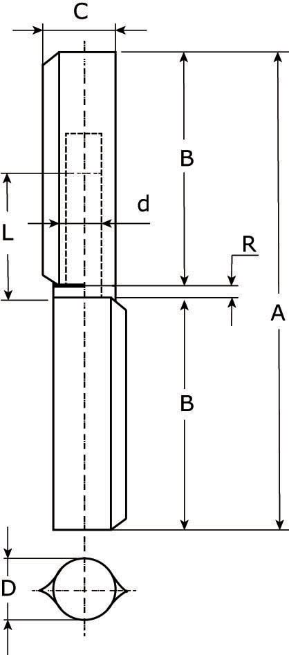 Dulimex DX aanlaspaumelle met losse pen 100 mm technische tekening met maten A B C D