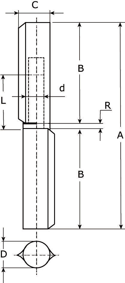 Dulimex DX aanlaspaumelle 120 x 16 mm blank staal technische tekening met maatvoering A B C D, detail