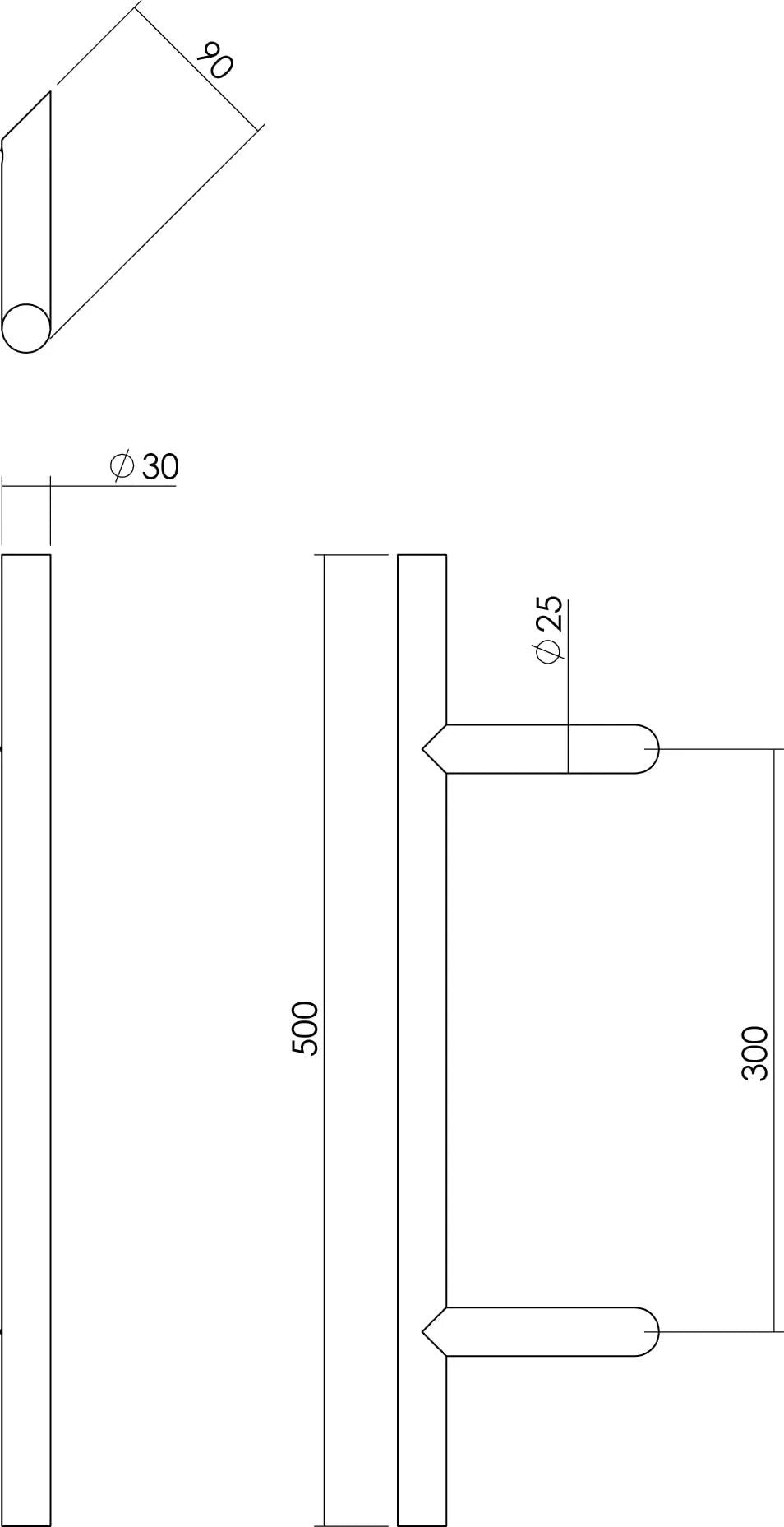 Intersteel deurgreep T-schuin 30 mm 500 mm rvs geborsteld detail