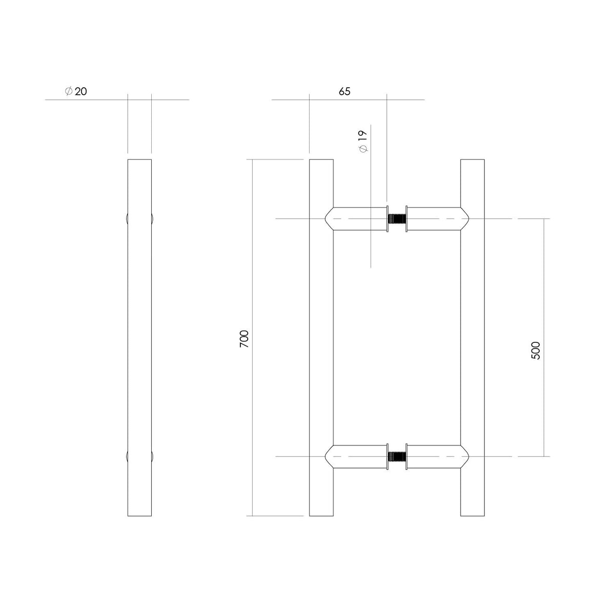 Intersteel deurgrepen 700 mm T-vorm 65 mm per paar rvs geborsteld – detail