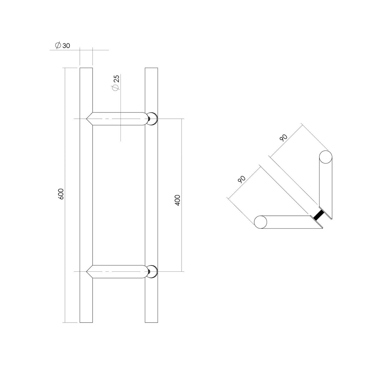 Intersteel deurgrepen T-schuin 600 mm rvs geborsteld detail