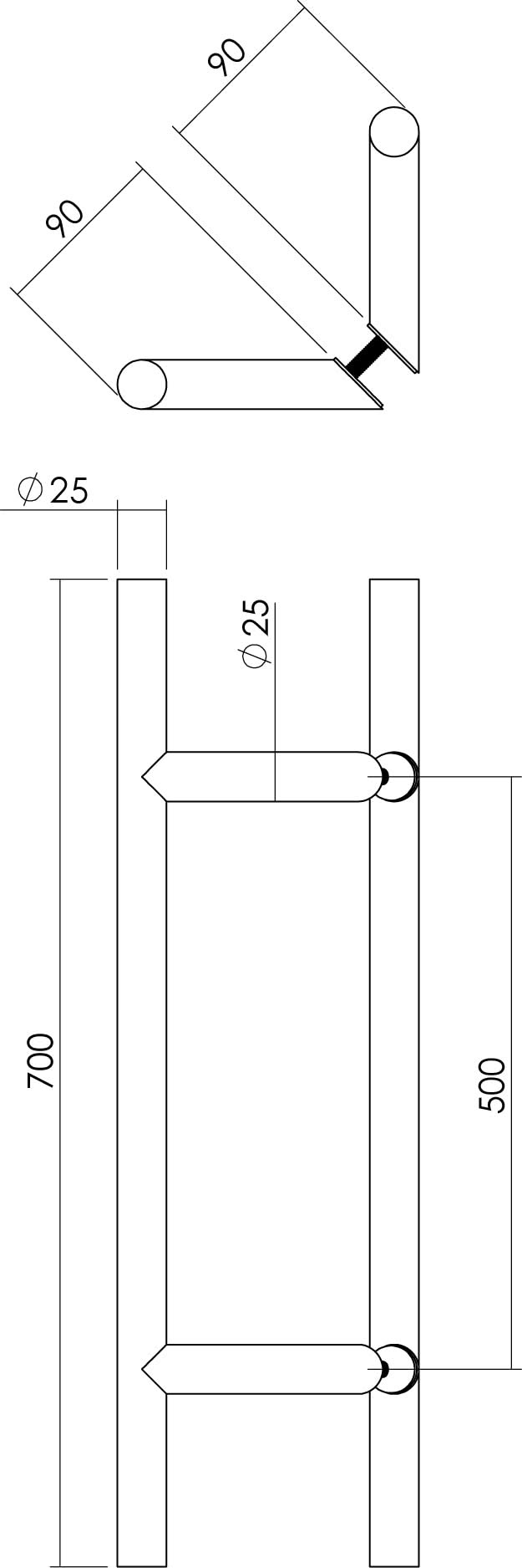 Intersteel deurgreep T-schuin rvs – detail van de schuine stand