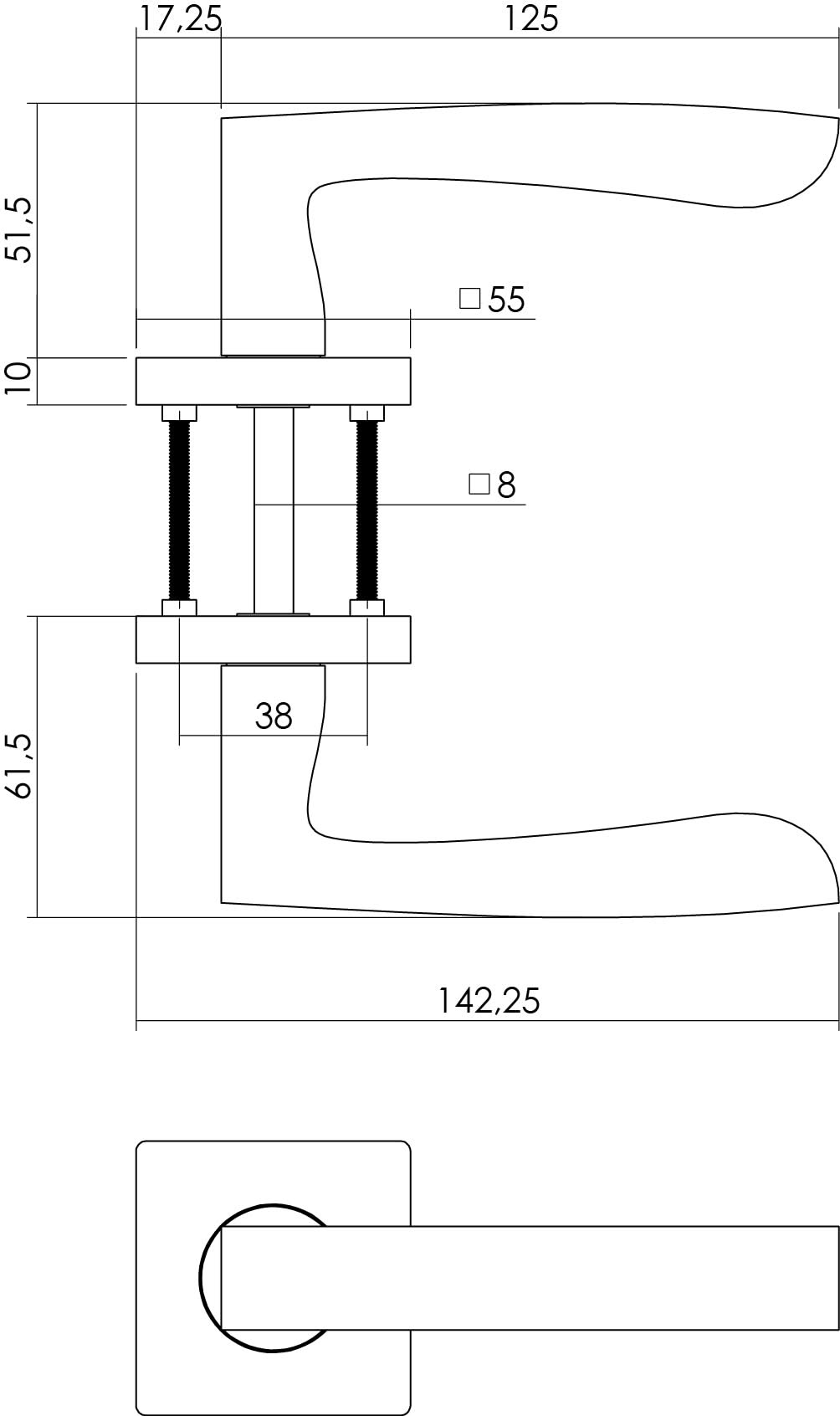 Intersteel deurkruk Dean op vierkant rozet mat nikkel detail