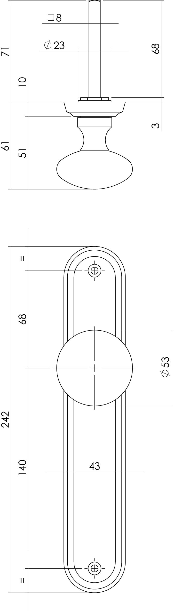 Intersteel knop op schild 60x25 mm nikkel mat – detail