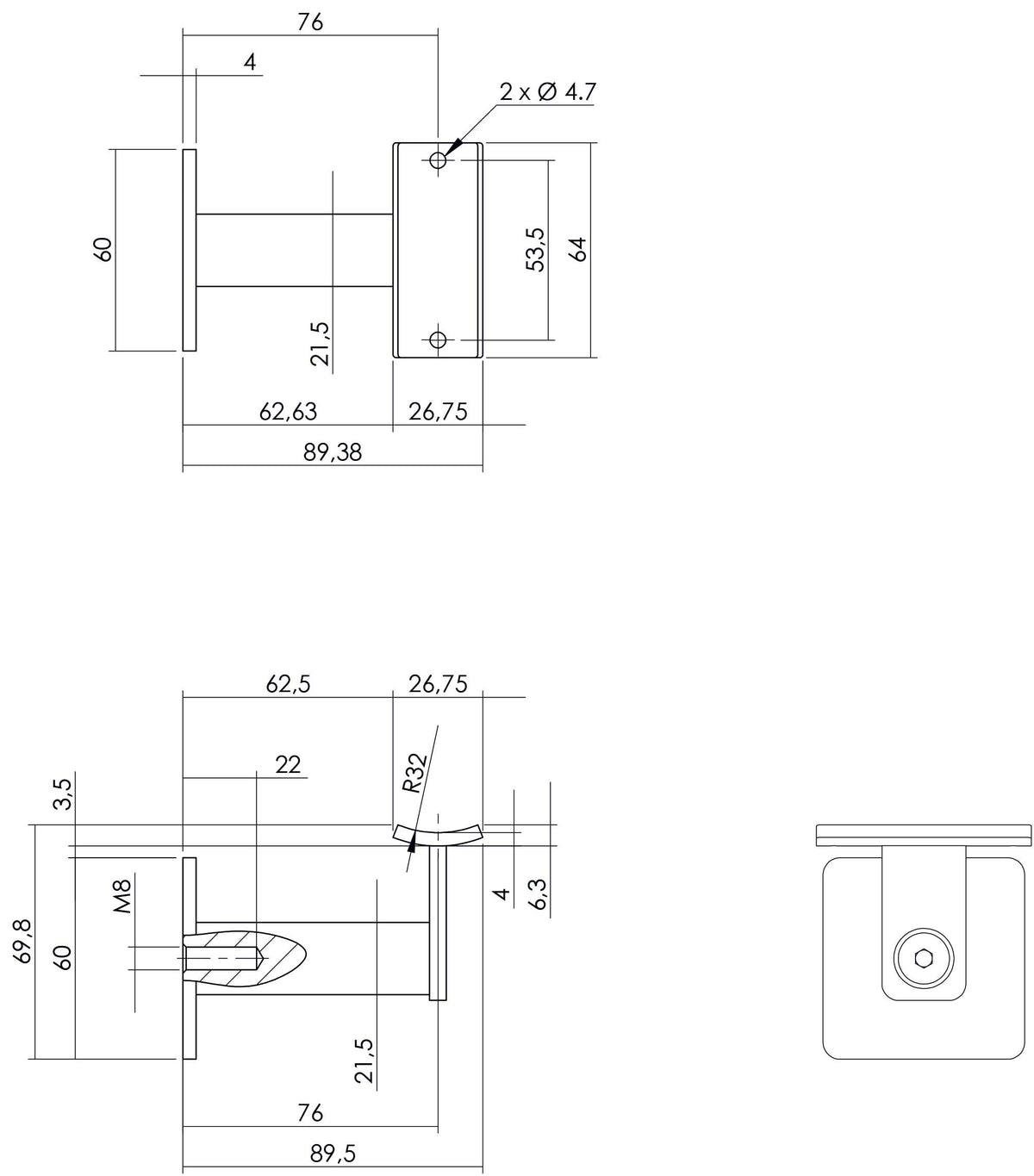 Intersteel leuninghouder zwaar vierkant hol zadel rvs geborsteld – detailfoto