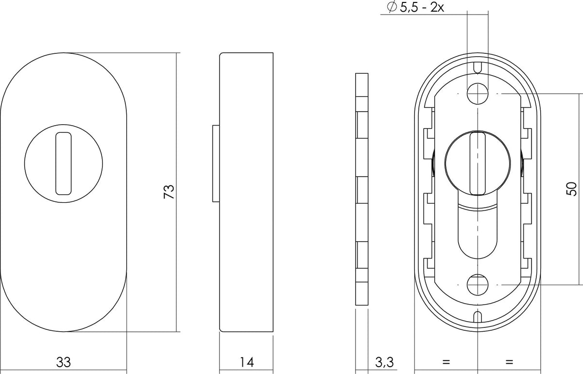 Intersteel veiligheid-schuifrozet ovaal met sleufplaatje RVS geborsteld detail