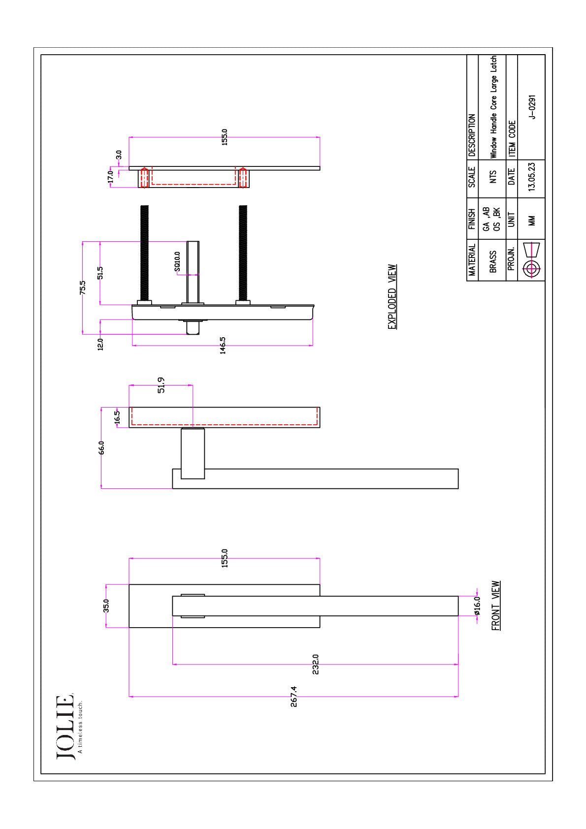 Jolie Core hefschuifdeurbeslag blind oud zilver – technische tekening met maatvoering