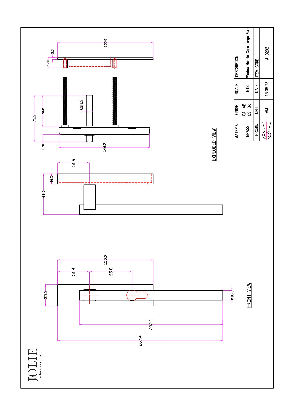 Jolie Core hefschuifdeurbeslag Y69 Zwart technische tekening met maatvoering