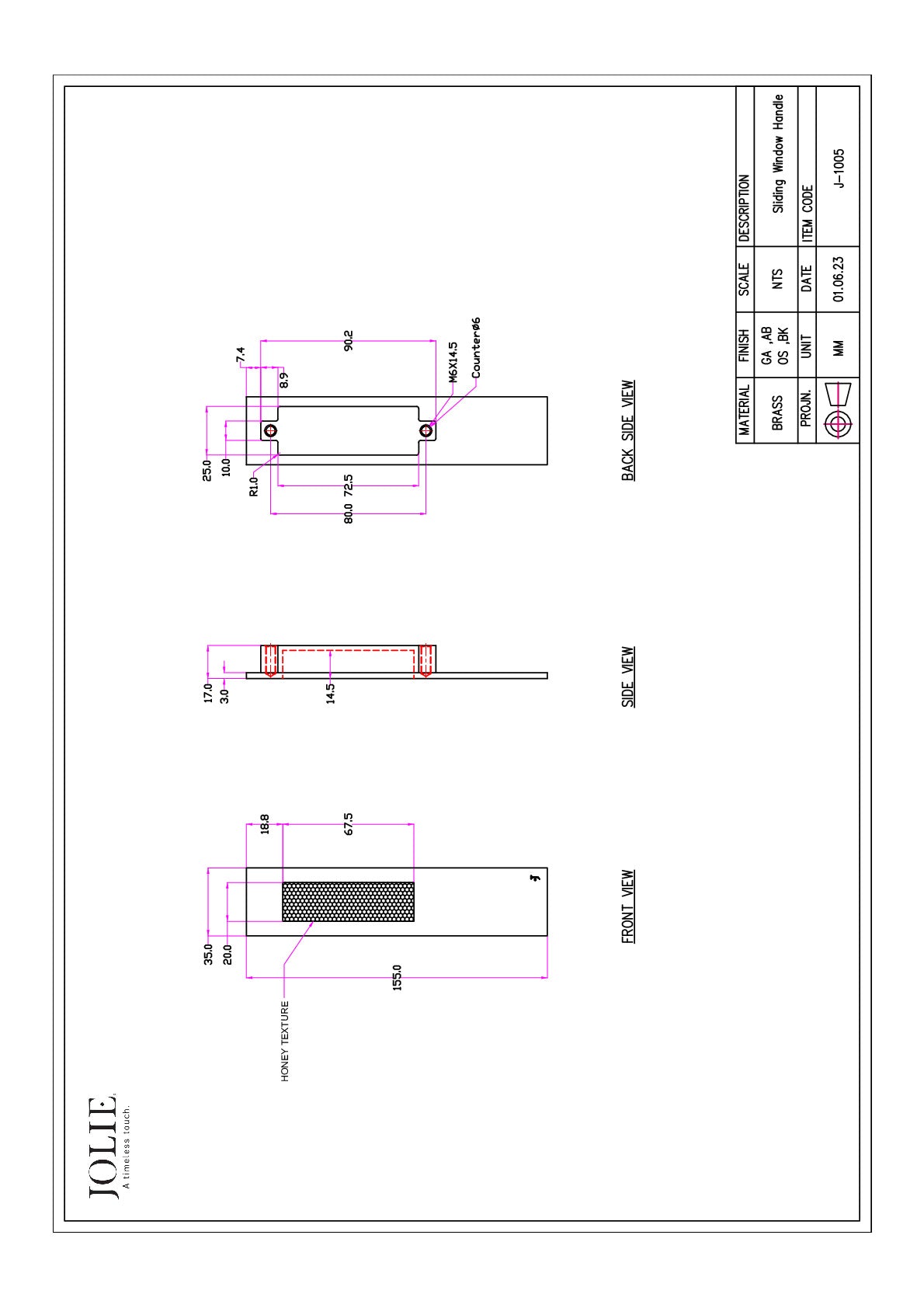 Jolie Core schuifdeurkom oud zilver – technische tekening met maatvoering
