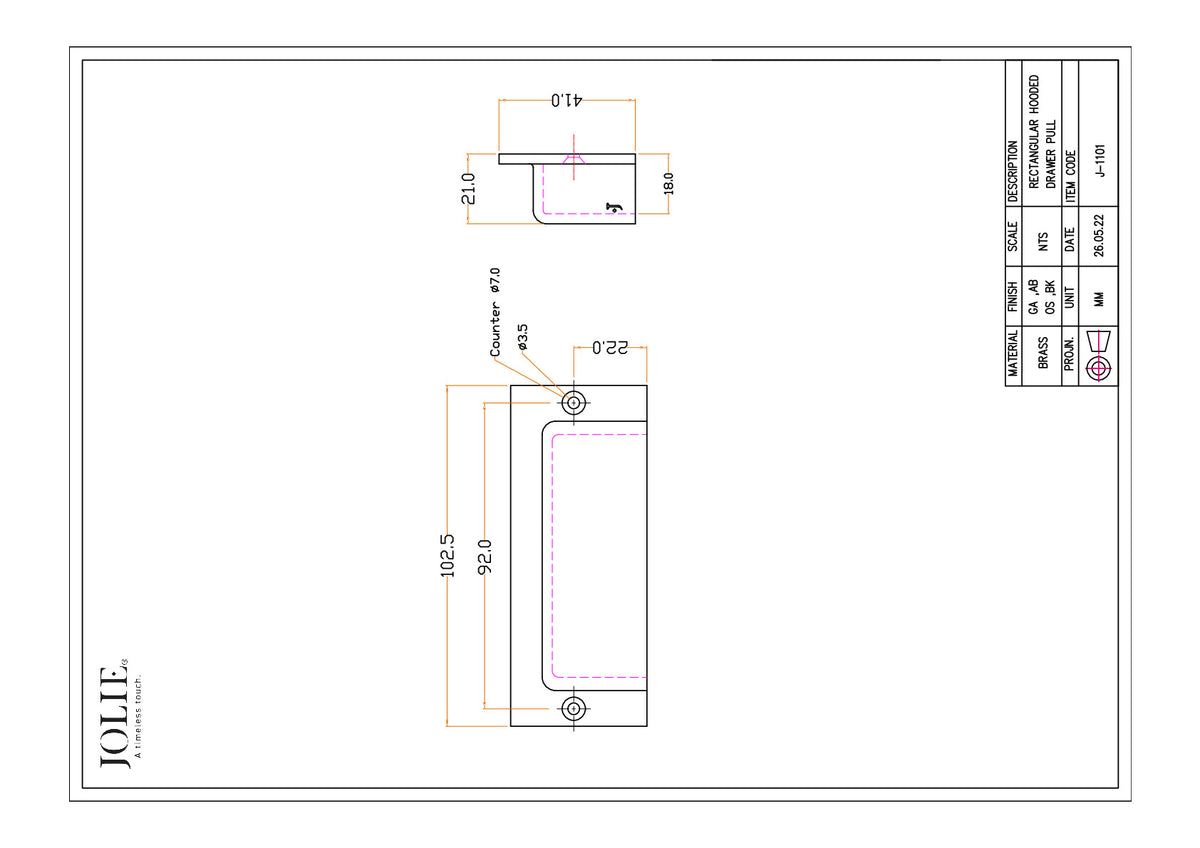 Jolie Brute raamgreep 92 mm mat zwart technische maattekening