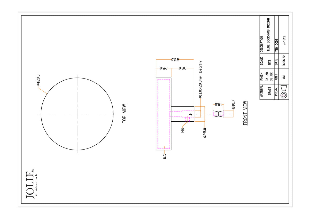 Jolie Lune voordeurknop 120 mm oud zilver – technische maattekening
