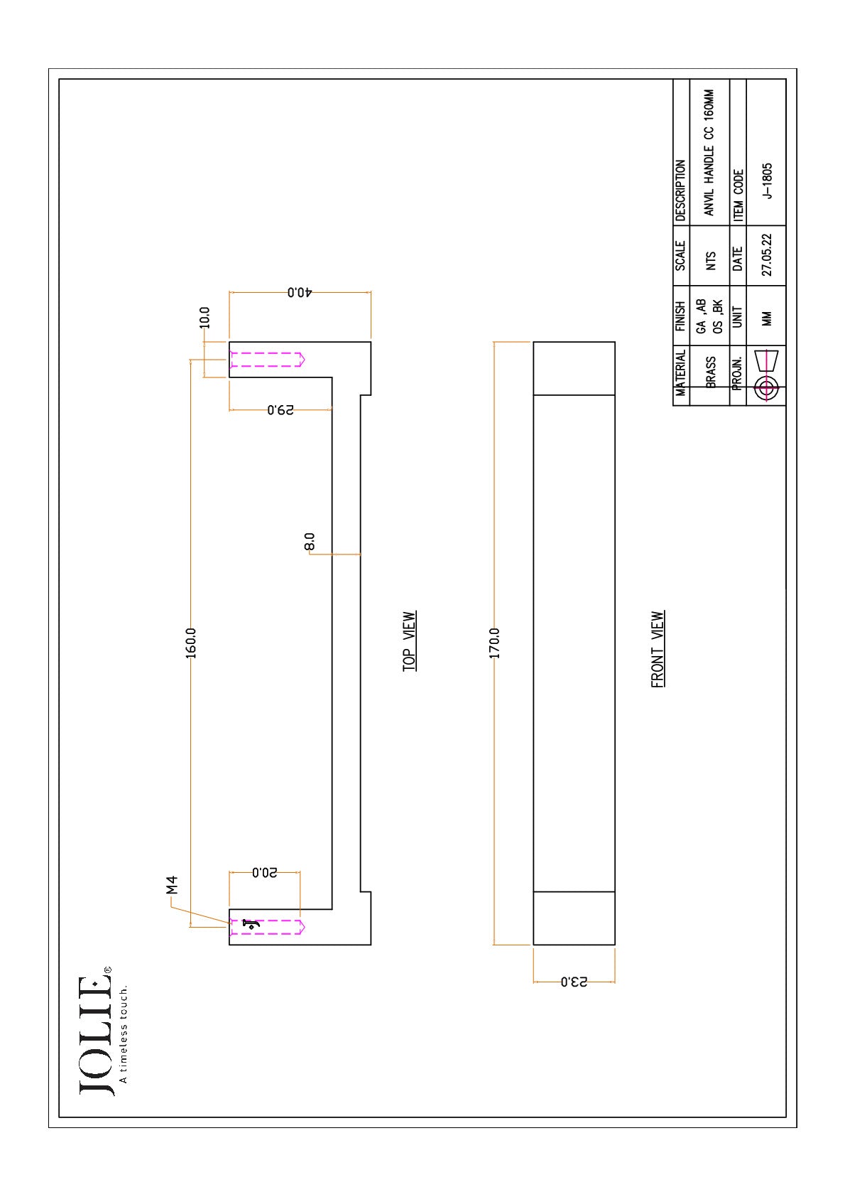 Jolie Anvil meubelgreep 160 mm antiek goud technische tekening