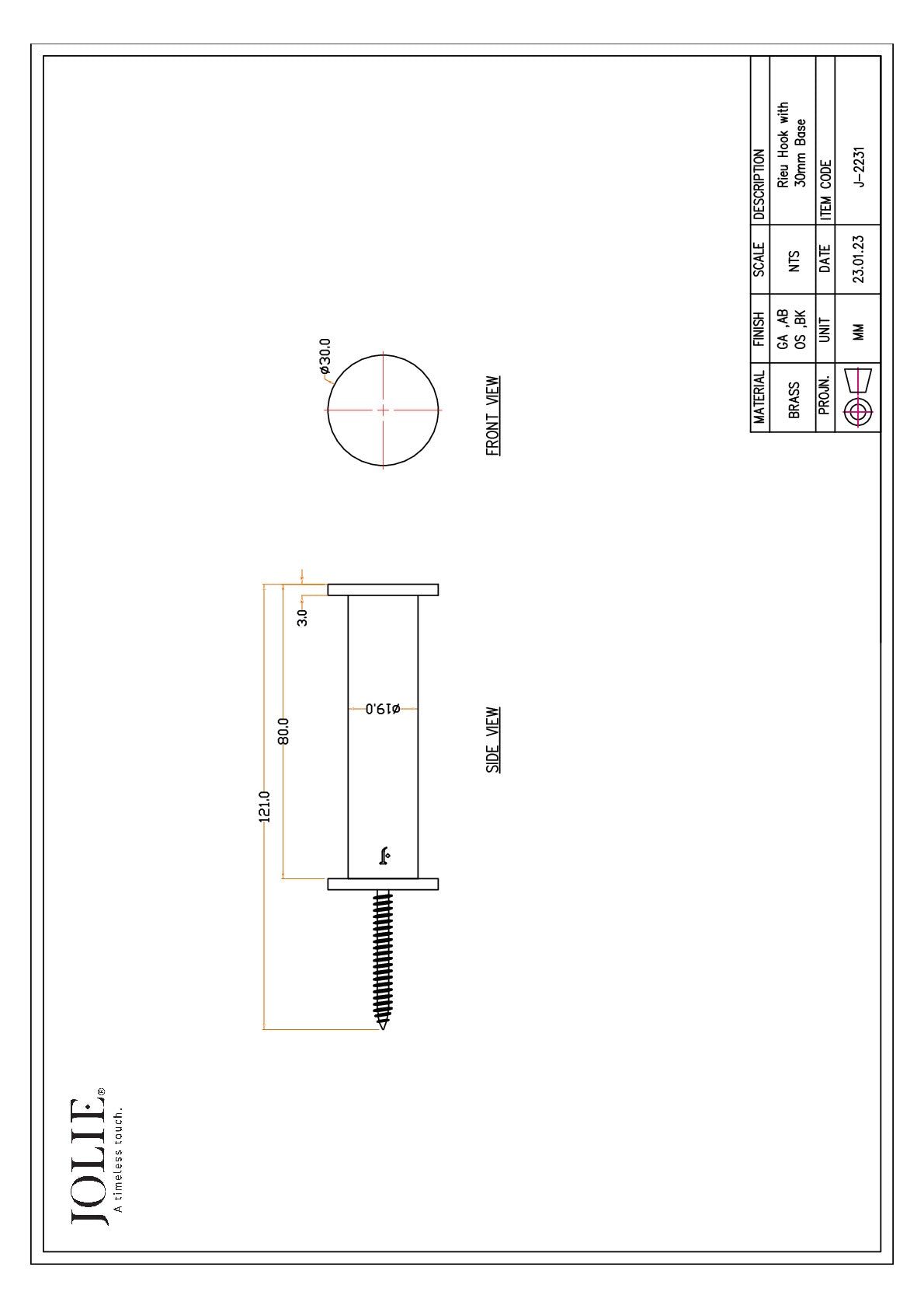 Jolie Rieu haak 30 mm oud zilver technische tekening met maatvoering
