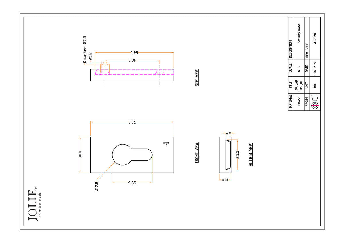 Jolie veiligheidscilinderrozet rechthoekig 70 x 30 mm zwart – technische maattekening