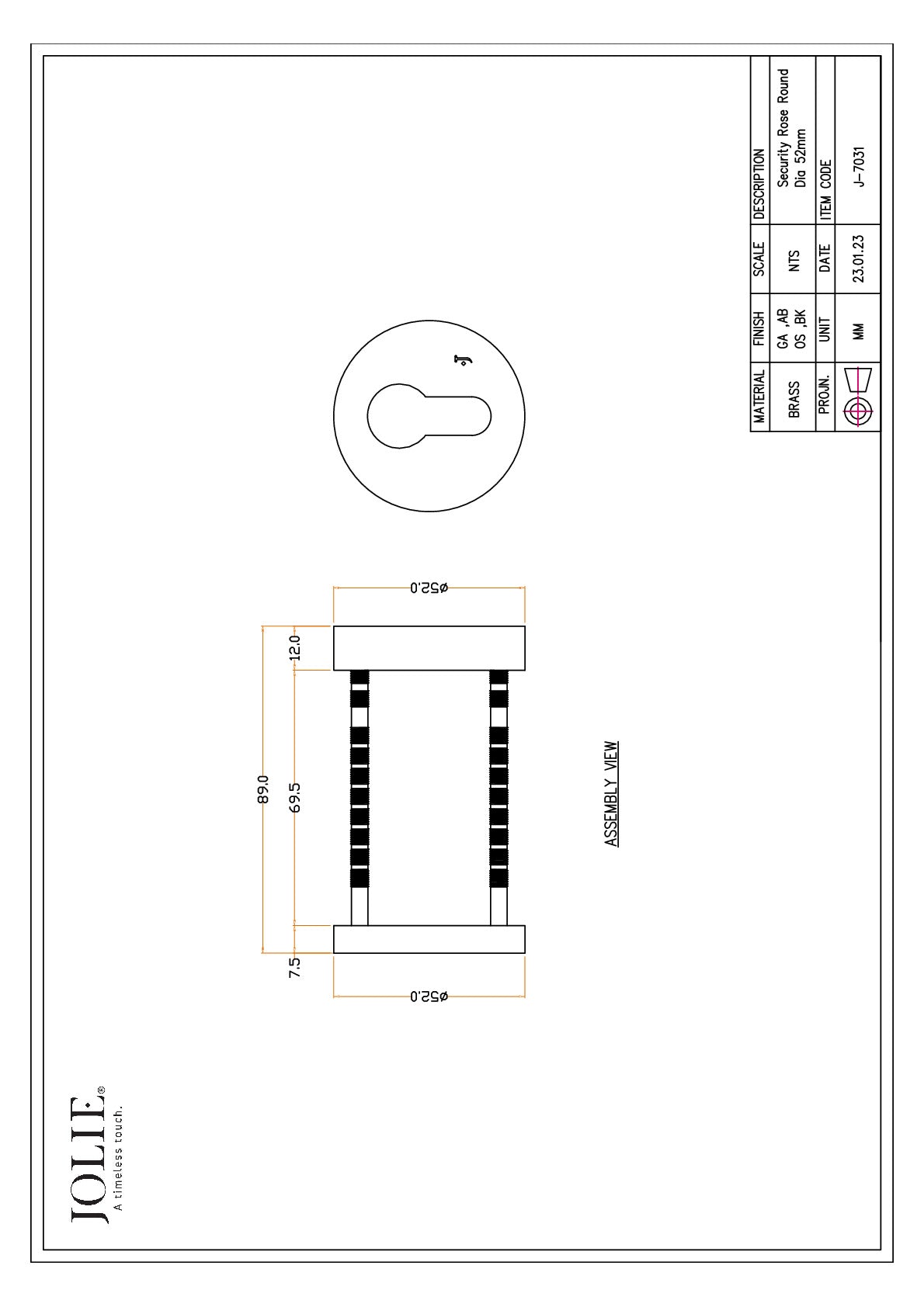 Jolie veiligheidsrozet rond 52 mm zwart technische tekening met maatvoering