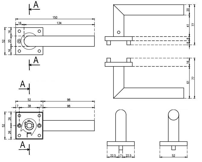 STERK deurkruk Kvadrat 1701 technische maattekening met afmetingen
