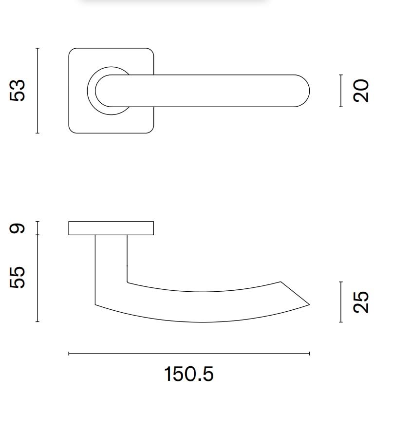 STERK deurkruk Kvadrat 1707 technische maattekening met afmetingen