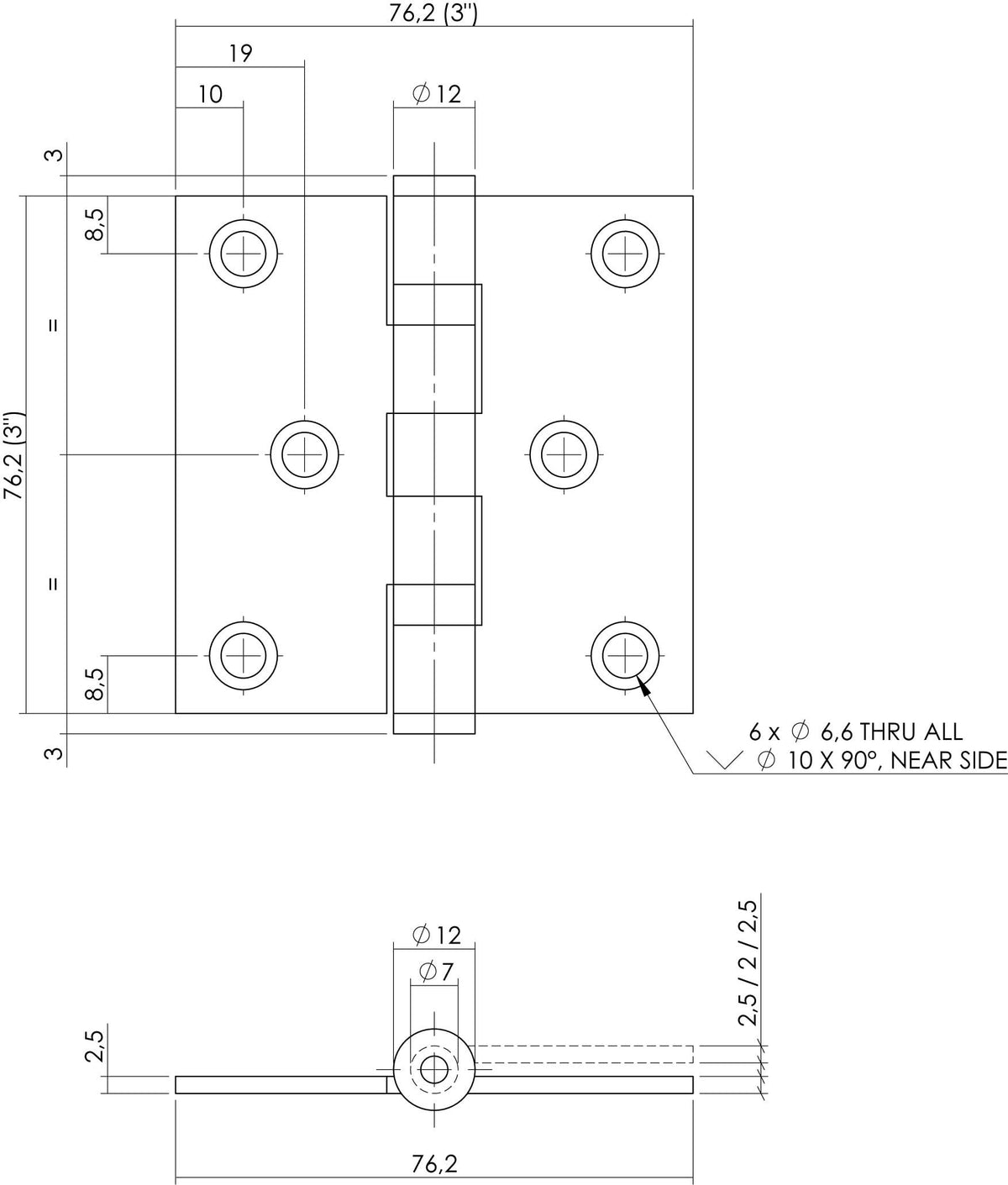 Intersteel scharnier 76x76 mm mat zwart RVS - zijaanzicht