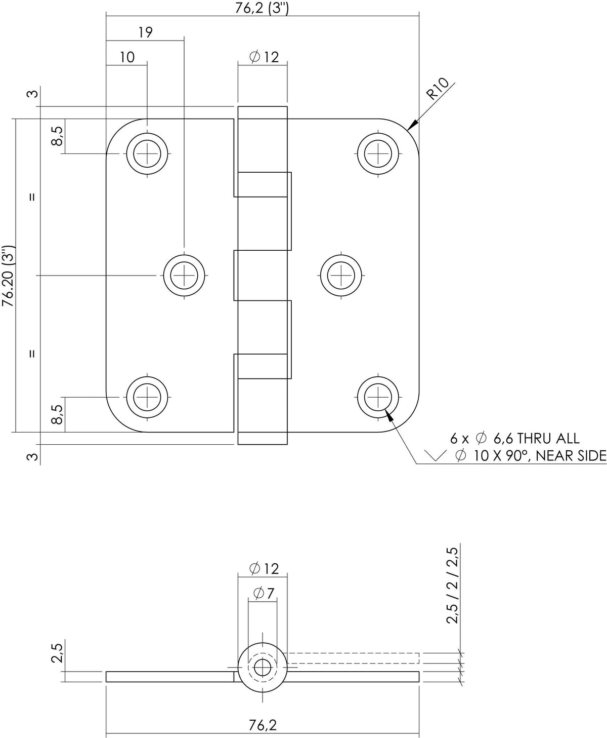 Intersteel kogellagerscharnier 76x76 mm mat zwart – detail kogellager
