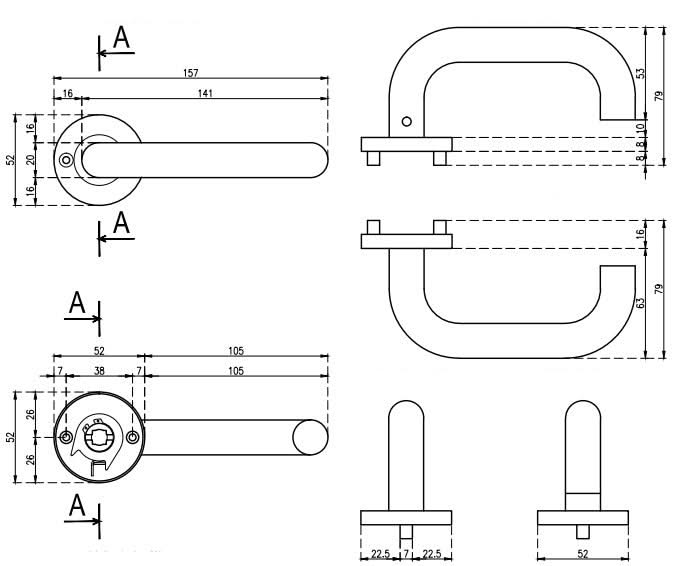 STERK deurkruk Oval 1704 technische maattekening met afmetingen