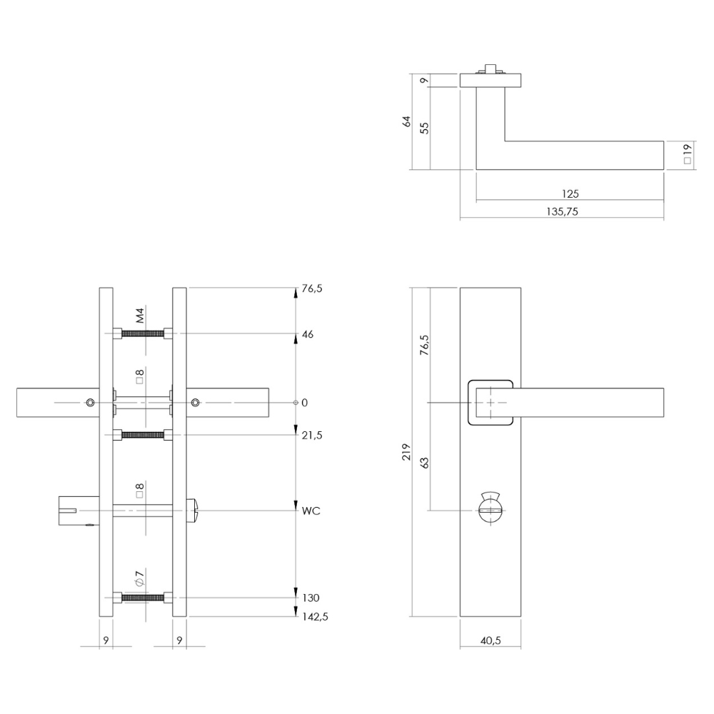 Intersteel deurkruk vierkant op schild WC 63/8 mm RVS - detail