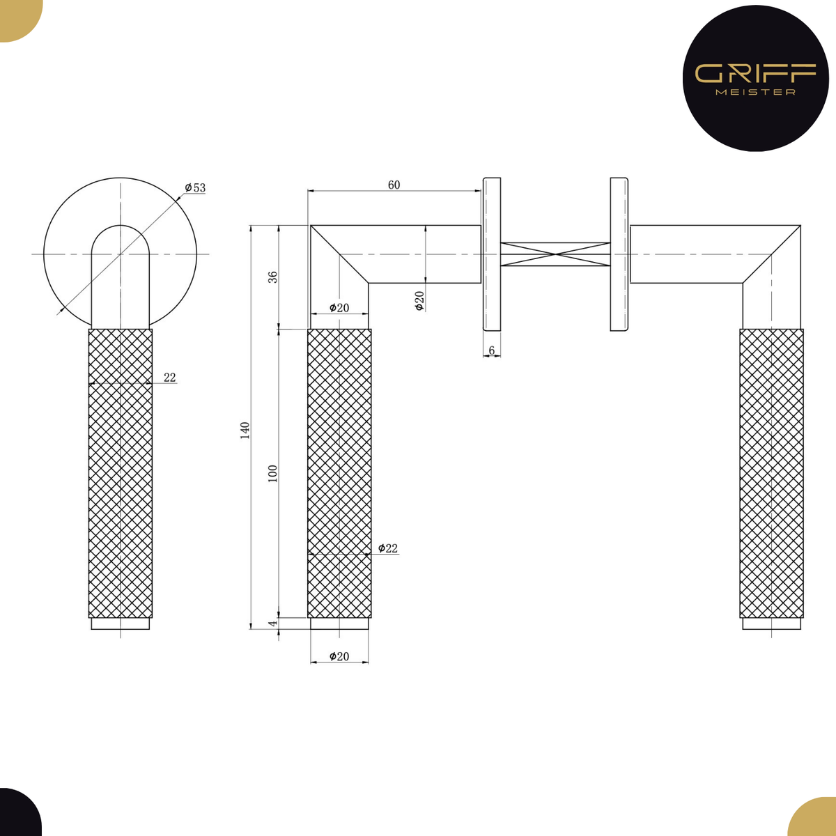 Griff Meister deurkruk Montaro 53mm ronde rozet 6mm dik RVS – detail en afmetingen