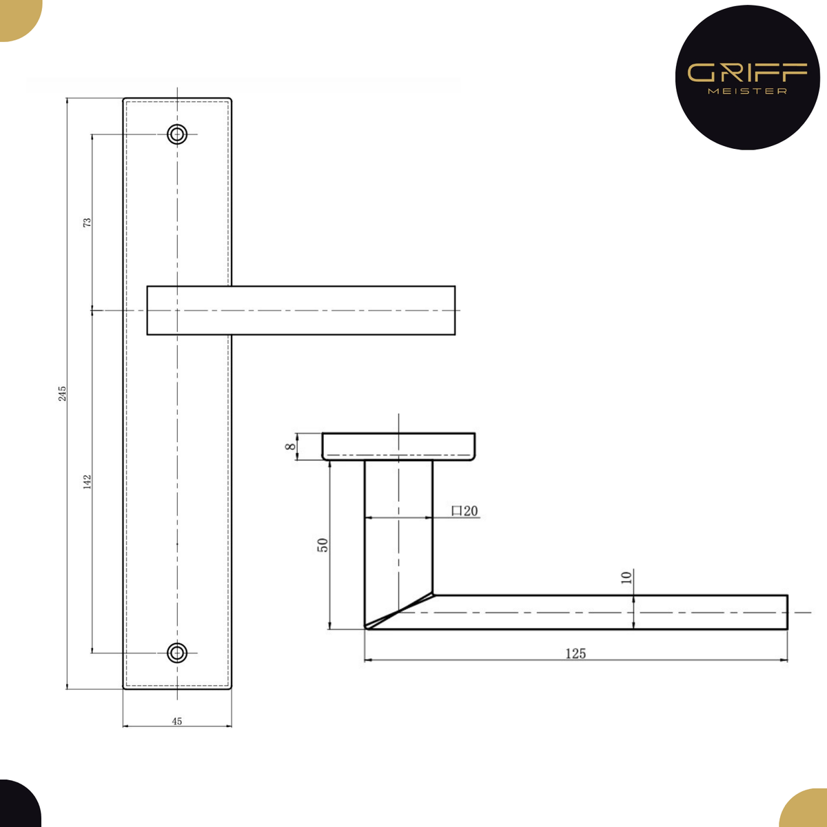 Griff Meister deurkruk Fortis Gunmetal op schild Blind – detail en afmetingen