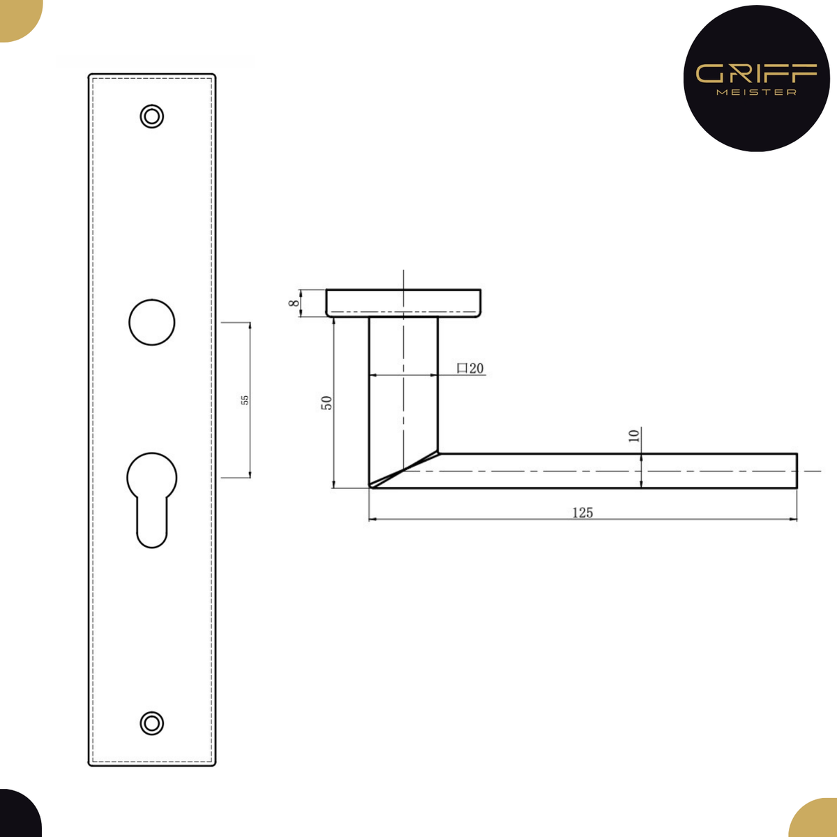 Griff Meister deurkruk Fortis Gunmetal op schild PC55 – detail en afmetingen